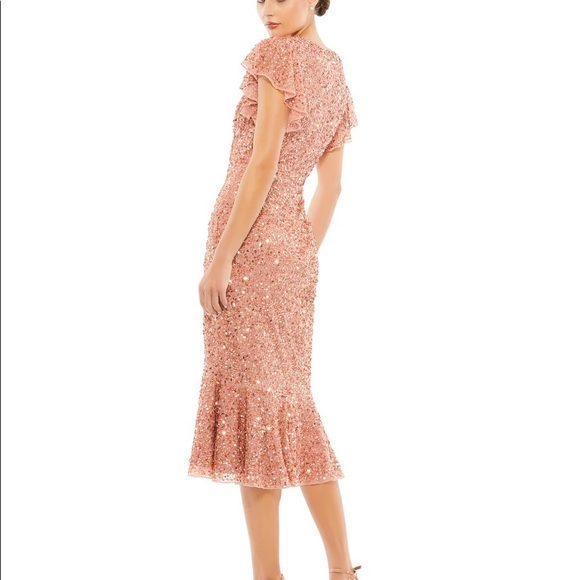 Mac Duggal Sequined V-Neck Flutter Sleeve Dress, size 2.   
Color: Rose Gold - Picture 7 of 8